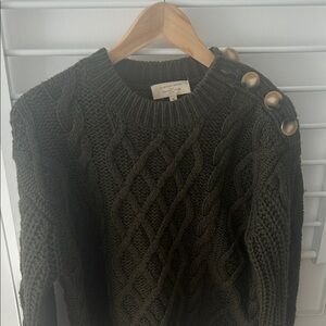Sezane Dark Green Cable Knit Sweater with Button Detail